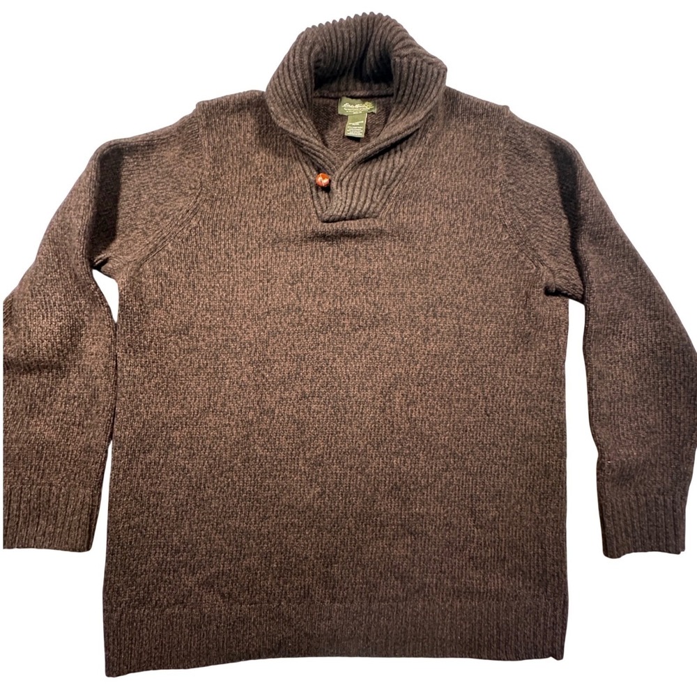 Eddie Bauer Men's Tall XL Shawl Collar‎ Button Sweater Lambs Wool Blend Brown